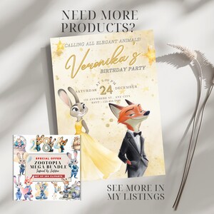 Puede incluir: Una invitaci&oacute;n de fiesta de cumplea&ntilde;os con tem&aacute;tica de Zootopia con Judy Hopps y Nick Wilde. La invitaci&oacute;n incluye el texto "Veronika's Birthday Party" y "Calling all elegant animals!" Tambi&eacute;n se muestra un conjunto de im&aacute;genes predise&ntilde;adas de Zootopia Mega Bundle.
