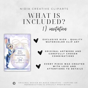 May include: Digital invitation design with a cartoon bunny character and a decorated egg. The invitation includes text for an egg hunt, date, time, and location. The design also includes the text "What is included?" and "Exclusive high-quality watercolor clip art."