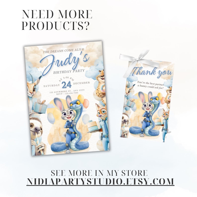 May include: Two party invitation cards and a thank you card featuring cartoon animal characters. The invitation reads "Judy's Birthday Party" with the date and time. The thank you card has a white ribbon.