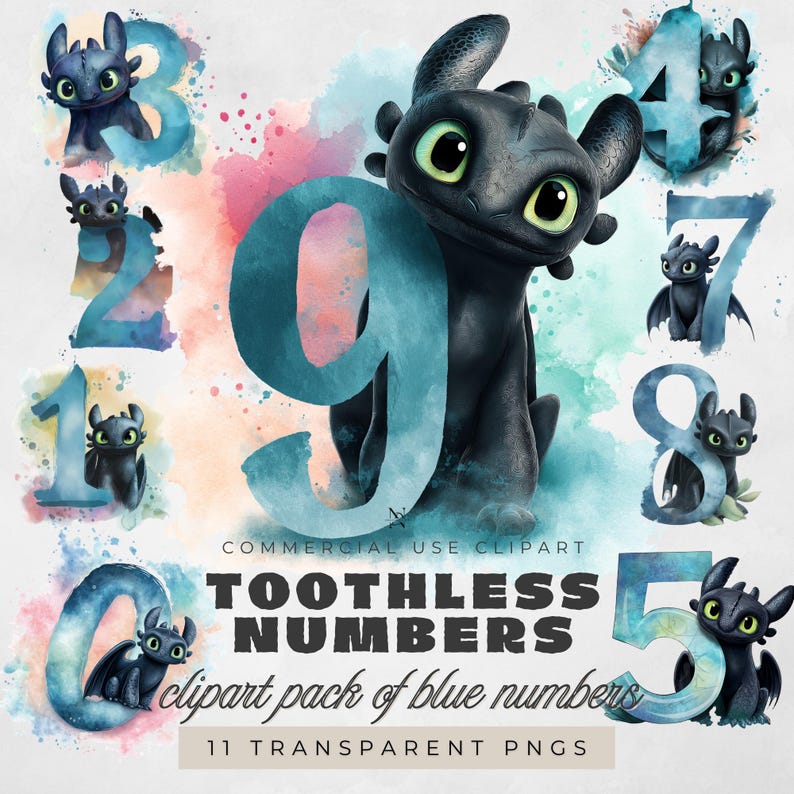 Toothless Dragon Numbers Clipart: Watercolor Blue (digital Download) - Etsy