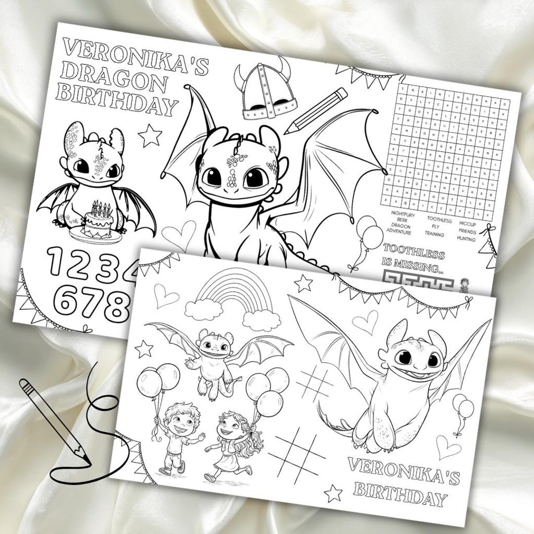 Dragon Toothless Birthday Placemat: Editable Kids' Coloring Activity ...