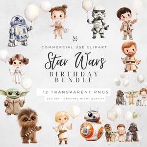 Star Wars Birthday Clipart Watercolor Bundle Cute Characters Set Printable PNG Digital Download Jedi Party Decorations Kids Invitations