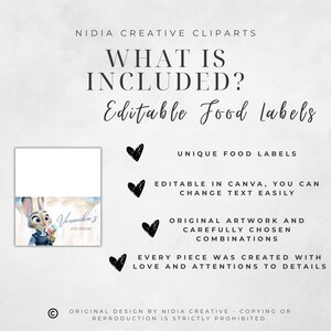 May include: A digital graphic design by Nidia Creative Cliparts. The image includes the text "WHAT IS INCLUDED? Editable Food labels". The design features a cartoon bunny holding ice cream, with the text "Veronika's ICE-CREAM".