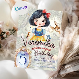 Invitación de cumpleaños de Blancanieves / Plantilla editable de Canva / Invitación a fiesta de princesas / Descarga instantánea / Tema de cuento de hadas