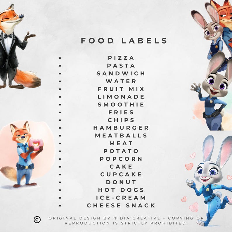 May include: A white background with the text "FOOD LABELS" and a list of food items. Cartoon characters of a fox and a rabbit are on the left and right sides of the image. The food items include pizza, pasta, and sandwiches.