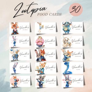 May include: Set of 30 Zootopia-themed food cards. Each card features a watercolor illustration of a character and food item, such as ice cream, cookie, and popcorn. The cards have a white background with the text "Veronika's" and the food item.