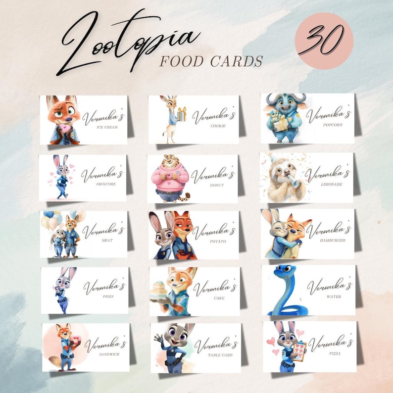 May include: Set of 30 Zootopia-themed food cards. Each card features a watercolor illustration of a character and food item, such as ice cream, cookie, and popcorn. The cards have a white background with the text "Veronika's" and the food item.