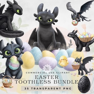 May include: An Easter-themed digital clipart bundle featuring the character Toothless from How to Train Your Dragon. The image includes Toothless in various poses with Easter eggs, baskets, and a chick. The text reads "Easter Toothless Bundle" and "35 Transparent PNG".