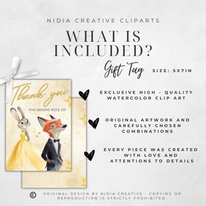 Puede incluir: Una etiqueta de regalo con el texto "Thank you" y personajes de dibujos animados de un conejo y un zorro. La etiqueta mide 12,7 x 17,8 cm e incluye im&aacute;genes predise&ntilde;adas de acuarela. El texto "What is Included?" est&aacute; en la parte superior.