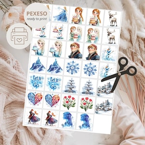 Puede incluir: Una hoja de pegatinas listas para imprimir con ilustraciones de acuarela de personajes y elementos de la película de animación "Frozen". Las pegatinas incluyen imágenes de Elsa, Anna, Olaf, Kristoff y copos de nieve. La hoja también incluye el texto "Let It Go".
