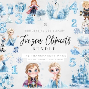 Frozen Birthday Clipart Bundle 45 PNG Watercolor Illustrations Elsa Anna Olaf Sven Winter Princess Party Invitation Set to Frozen Party