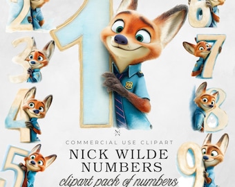 Numéros clipart Zootopia de Nick : lettres aquarelles bleu clair et or (ensemble PNG à téléchargement numérique 0-9)