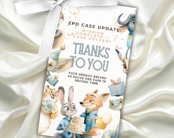 Tarjeta de agradecimiento de Judy Hopps y Nick Wilde de Zootopia, etiqueta de regalo: plantilla editable de Canva