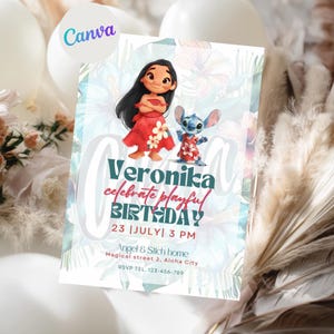 Convite de aniversário engraçado de Lilo e Stitch | Roupas combinando | Modelo editável do Canva | Festa tropical | Convite para download digital