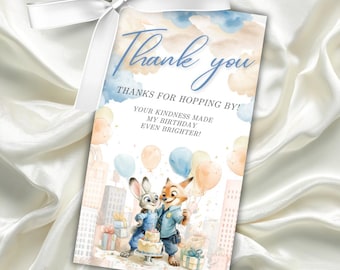 Tarjeta de agradecimiento de Zootropia con Judy Hopps y Nikc Wilde, etiqueta de recuerdo: Plantilla editable de Canva