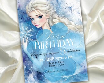 Invitación de cumpleaños de Elsa Frozen: Plantilla editable de Canva + cartel de bienvenida