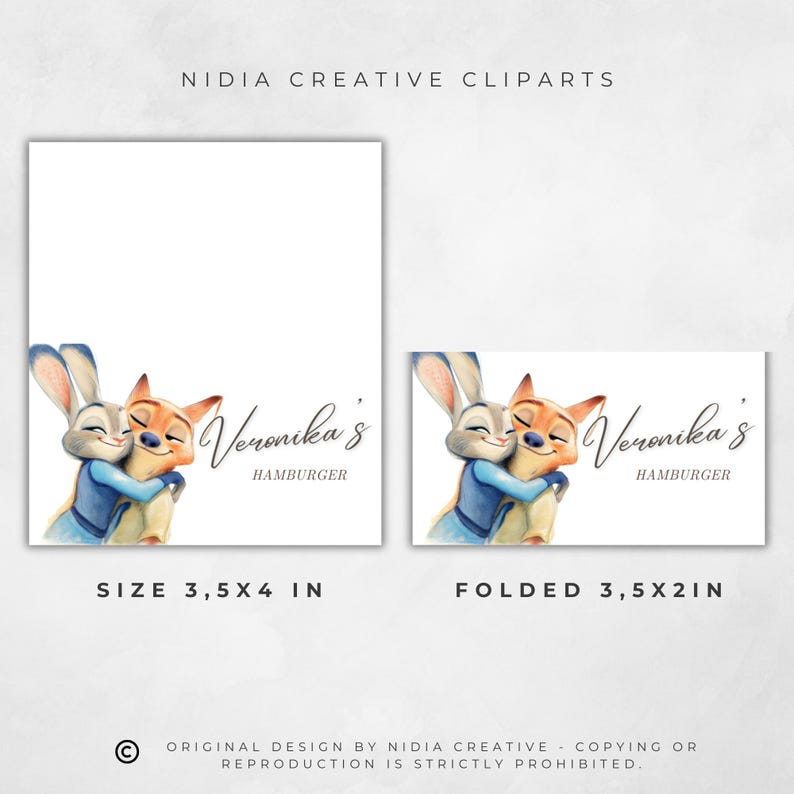 May include: Two watercolor illustrations of cartoon characters hugging, with the text "Veronika's HAMBURGER". One is a square design, 3.5 x 4 inches, and the other is a folded design, 3.5 x 2 inches. The top text reads "NIDIA CREATIVE CLIPARTS".
