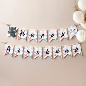 May include: A festive banner with the words "Happy Birthday" strung across a neutral background. The banner features colorful pennants with a dragon theme, including illustrations of a black and white dragon. White balloons and dried flowers are in the background.