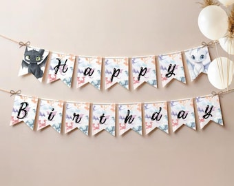 Banner de cumpleaños de Desdentado: Decoración para fiesta de Cómo entrenar a tu dragón (Banderas imprimibles digitales de 12,7 x 18,8 cm)