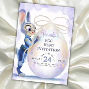 May include: A purple and white invitation card with a cartoon bunny character and an egg design. The card reads "Veronika's Egg Hunt Invitation" with event details, including the date and time. The bunny is wearing a police uniform.