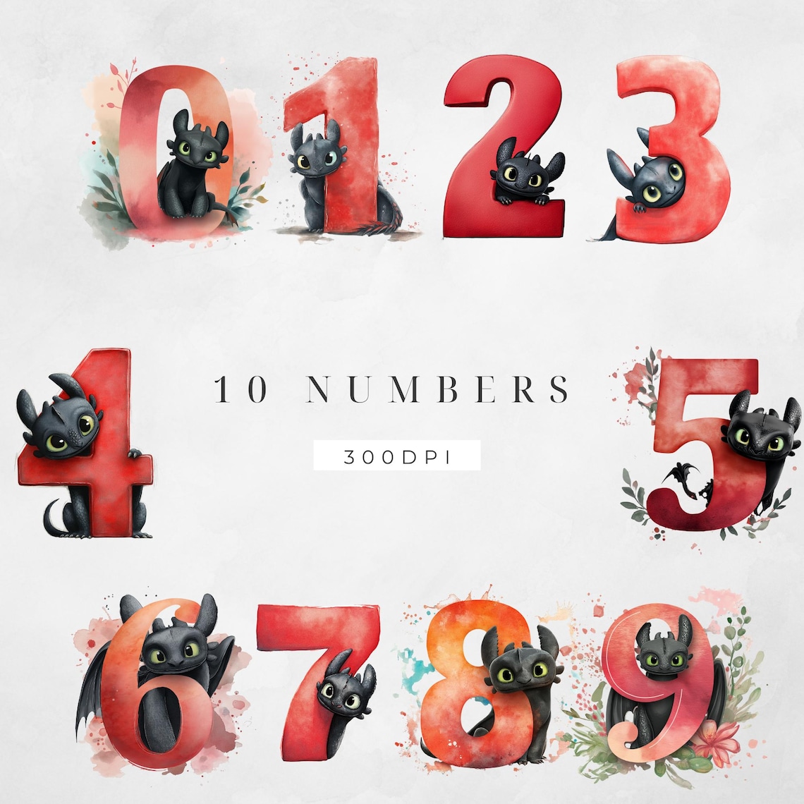 Toothless Dragon Numbers Clipart: Watercolor Red Numerals (digital ...