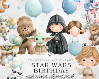 Star Wars Birthday Clipart: Watercolor Characters, Party Decorations (Digital Download)