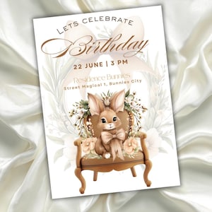 Digital Template Bunny Birthday invitation for Kids Birthday Party Bunnies party Cute Bunny Birthday Invitation