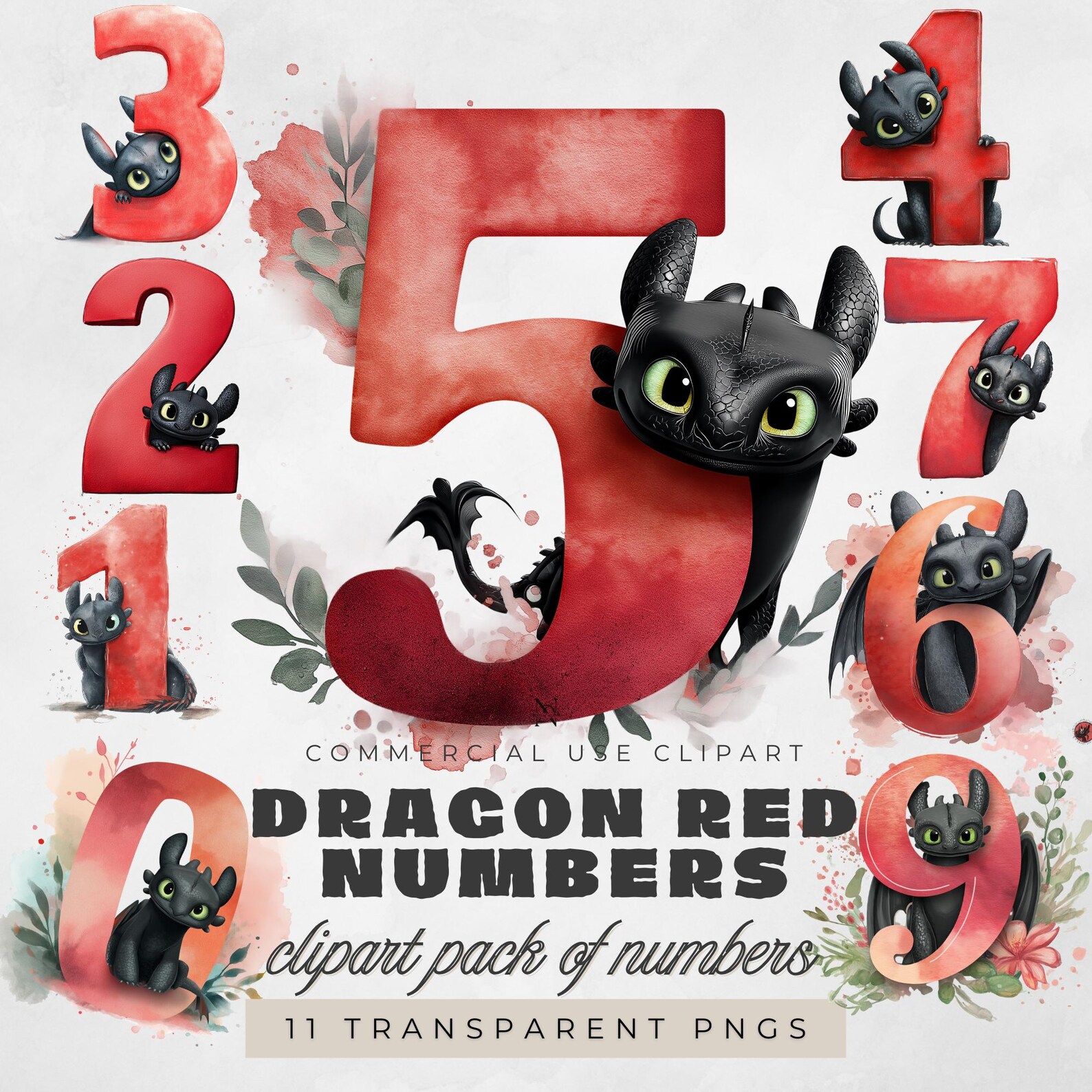 Toothless Dragon Numbers Clipart: Watercolor Red Numerals (digital ...