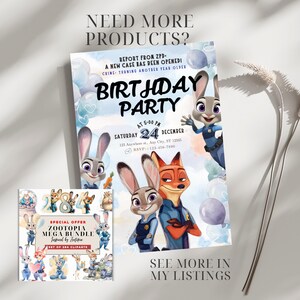 Puede incluir: Una invitaci&oacute;n de fiesta de cumplea&ntilde;os con tem&aacute;tica de Zootopia con Judy Hopps y Nick Wilde. La invitaci&oacute;n incluye el texto "BIRTHAY PARTY" y los detalles del evento. Un gr&aacute;fico m&aacute;s peque&ntilde;o anuncia un Zootopia Mega Bundle con 264 cliparts. Tambi&eacute;n est&aacute; presente el texto "SEE MORE IN MY LISTINGS".