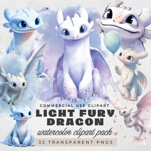 以下が含まれることがあります： 白と青の色合いのライトフューリードラゴンの水彩画クリップアートパック。ドラゴンは大きな目と翼を持ち、風船を持っているものもあります。「LIGHT FURY DRAGON」と「watercolor clipart pack」の文字が見えます。