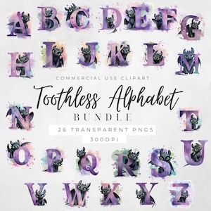 Puede incluir: Un conjunto de alfabeto en acuarela con las letras de la A a la Z, cada una adornada con una ilustración de dragón negro. Las letras son en tonos morados con salpicaduras de acuarela. También está presente el texto "Toothless Alphabet Bundle".