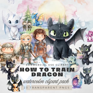 以下が含まれることがあります： 「ヒックとドラゴン」のキャラクターとドラゴンを描いた水彩画クリップアートパック。白、青、黒、ピンクの色合いの様々なドラゴンとキャラクターのイラストが含まれています。「How to Train Dragon」の文字も表示されています。