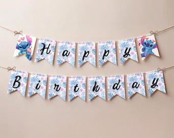Banner de cumpleaños de Stitch: Decoración para fiesta de Lilo y Stitch (Descarga digital)