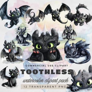May include: A watercolor clipart pack featuring multiple illustrations of the dragon Toothless from the movie "How to Train Your Dragon." The images showcase Toothless in various poses, with black scales, green eyes, and wings. The text "Toothless" and "watercolor clipart pack" are included.