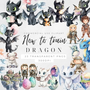 Pacote de clipart de Como Treinar o Seu Dragão – Banguela em aquarela, Fúria da Luz, Soluço, Astrid – PNGs de fantasia para convites de aniversário ou festa