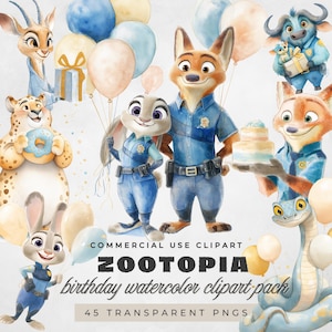 Puede incluir: Paquete de imágenes prediseñadas de acuarela con personajes de Zootopia, incluyendo a Judy Hopps y Nick Wilde con uniformes de policía, rodeados de globos y otros animales. El texto dice "Zootopia birthday watercolor clipart pack".