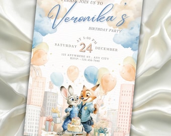 Zootopia Judy Hopps Geburtstagseinladung: Bearbeitbare Canva-Vorlage (digitale Einladung + Handy + Willkommenstafel)