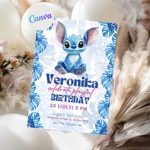Convite de aniversário Boho Stitch editável Canva Template | Festa de menina tropical | Download digital | Convite aquarela para crianças | Lilo