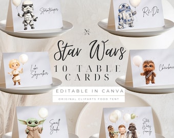 Tarjetas de mesa para comida de Star Wars – Decoración editable para la mesa de la fiesta (Plantilla de lienzo)