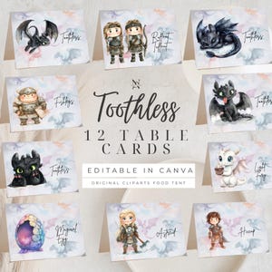 Puede incluir: Juego de 12 tarjetas de mesa con ilustraciones de personajes y dragones de la serie "Cómo entrenar a tu dragón". Cada tarjeta tiene el nombre de un personaje o dragón. Las tarjetas son editables en Canva.