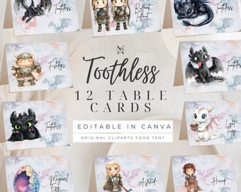 Toothless Birthday Party Table Cards: How to Train Your Dragon (Canva Editable)