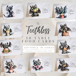 Puede incluir: Diez tarjetas de mesa con temática de Toothless con ilustraciones del dragón disfrutando de varios alimentos como palomitas de maíz, pizza y donas. Las tarjetas son editables en Canva y presentan el texto "Toothless" y nombres de alimentos.