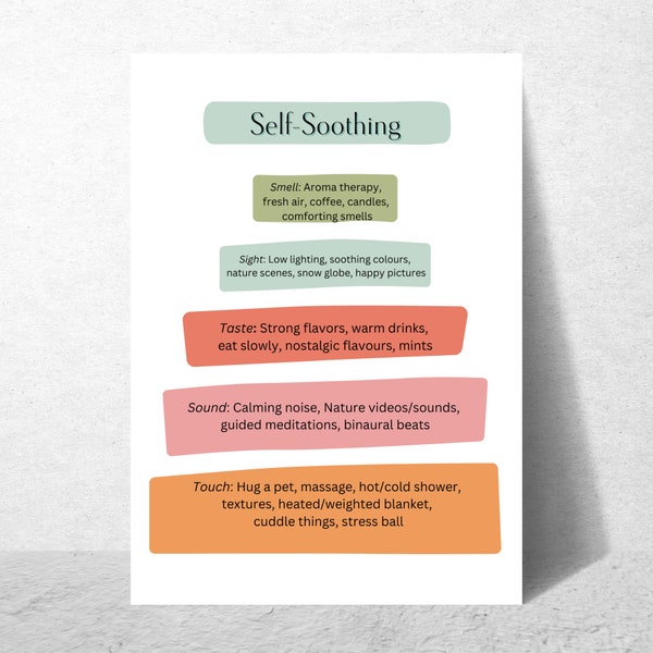 Self-Soothing & DBT technique for Anxiety, Stress and Emotion Management and Regulation, Printable Wall Art, Therapy, Office Decor