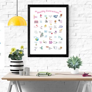 May include: A printable poster with a white background and black frame. The poster has the title "Healthy Distractions" and lists a variety of activities to do when feeling stressed or overwhelmed. The activities include things like reading, taking a walk, listening to music, and planting seeds.