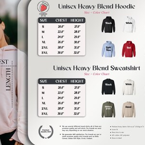 The image is a collage of various images featuring different styles and colors of unisex heavy blend hoodies. The images include a woman wearing a pink hoodie, a black hoodie, and several other styles of hoodies in different colors and sizes. The collage provides a size and color chart for the unisex heavy blend hoodies, along with a description of the features of the hoodies.
