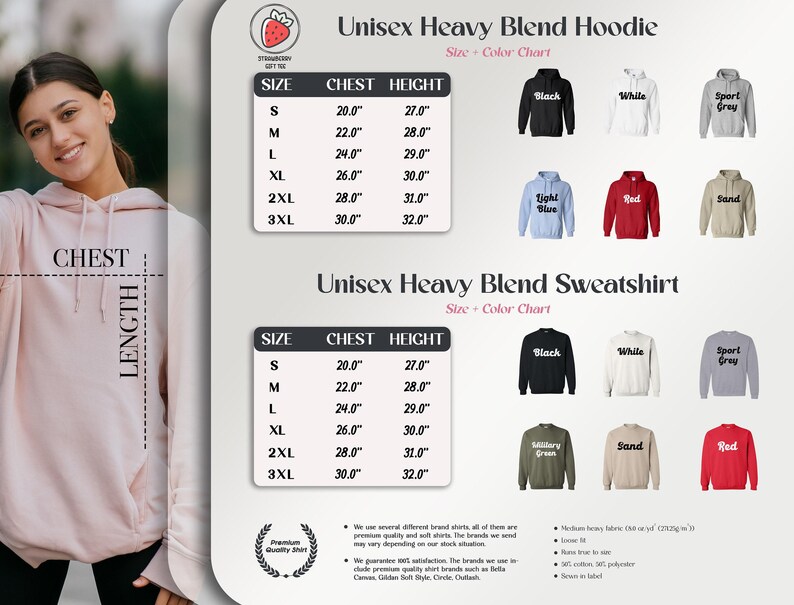 The image is a collage of various images featuring different styles and colors of unisex heavy blend hoodies. The images include a woman wearing a pink hoodie, a black hoodie, and several other styles of hoodies in different colors and sizes. The collage provides a size and color chart for the unisex heavy blend hoodies, along with a description of the features of the hoodies.