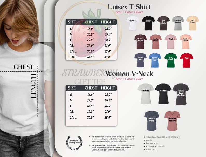 The image is a promotional material for a gift t-shirt collection. It features a woman wearing a white t-shirt and various t-shirt designs displayed in different sizes and colors. The image includes a chest height chart and a color chart, providing information about the sizes and colors of the t-shirts.