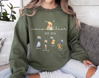 Personalized Mom Sweatshirt, Custom Mama Bear Sweatshirt ,Winnie The Pooh Mama Est with Kid Name on Sweatshirt, Mothers Day Shirt, New Mom