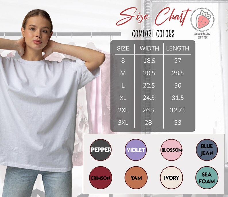 a woman wearing a white t-shirt, posing in front of a size chart for comfort colors.