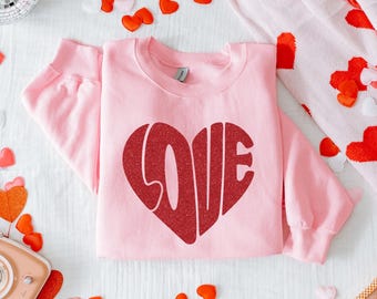 Glitter Love Heart Valentines Day Sweatshirt,  Cute Womens Valentines Heart Sweatshirt, Gift For Girlfriend, Gift For Mom, Gift For Her